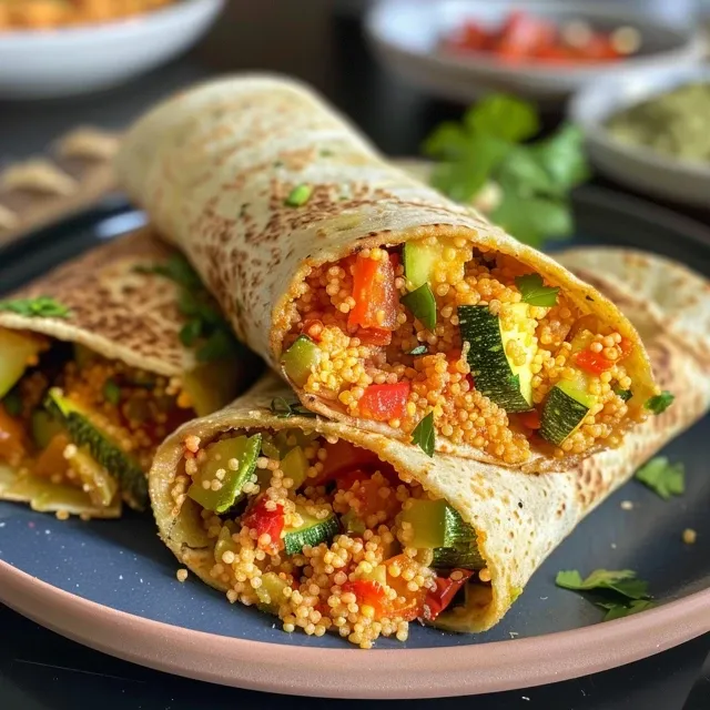 Quick and Flavorful Couscous Vegetable Wraps for Busy Weeknights Close-up view of a juicy couscous and vegetable wrap with colorful ingredients.