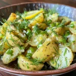 Close-up view of a healthy lemon dill potato salad in a bowl.