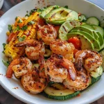 Close-up of a grilled shrimp bowl featuring diced avocados, corn, and colorful ingredients.