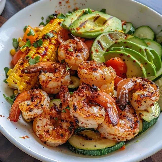 Bright and Flavorful Grilled Shrimp Bowls Your New Favorite Weeknight Delight Close-up of a grilled shrimp bowl featuring diced avocados, corn, and colorful ingredients.