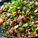A colorful bowl of One-Pot Quinoa Lentil Salad featuring vibrant vegetables and herbs.