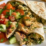 Close-up view of a Chicken Tenders and Couscous Wrap with fresh herbs on a plate.