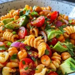 Close-up view of a vibrant Buffalo Chickpea Pasta Salad with colorful vegetables.