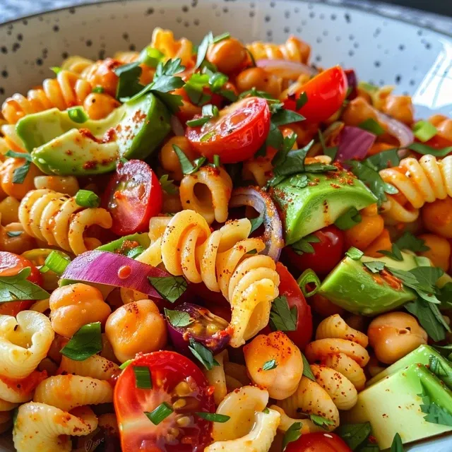 Bright and Bold Your New Favorite Buffalo Chickpea Pasta Salad Close-up view of a vibrant Buffalo Chickpea Pasta Salad with colorful vegetables.