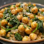 A close-up side view of creamy garlic and spinach chickpeas in a bowl.
