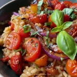 Close-up of a vibrant Vegan Tomato & Roasted Vegetable Risotto featuring chunks of vegetables.