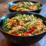 A vibrant chicken and bell peppers rice bowl with colorful sliced peppers and garnished with fresh dill.