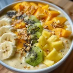Close-up view of a vibrant mango pineapple smoothie in a glass with a straw.