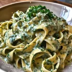 Close-up view of creamy spinach pasta sauce with fresh herbs and ingredients.