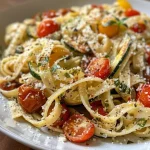 Close-up view of a bowl of roasted zucchini and tomato pasta garnished with basil and parmesan.