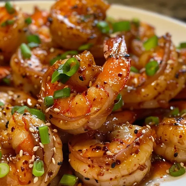 Juicy honey garlic shrimp garnished with green onions and sesame seeds on a white plate.