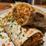 Close-up of a colorful Spicy Lentil & Rice Wrap filled with fresh ingredients.