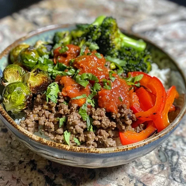 Quick and Flavor-Packed Beef Veggie Bowls with Zesty Comeback Sauce Close-up of a Beef & Veggie Bowl with colorful vegetables and a creamy sauce.