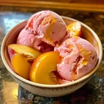 Close-up view of creamy homemade nectarine frozen yogurt in a bowl.