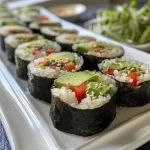 Close-up view of colorful avocado and roasted red pepper sushi on a plate.
