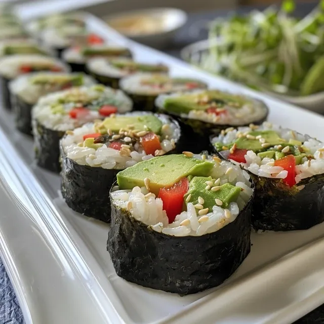 Effortless Sushi Rolls A Flavorful Journey with Avocado and Roasted Red Pepper Close-up view of colorful avocado and roasted red pepper sushi on a plate.