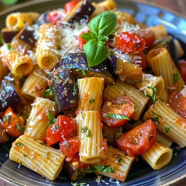 A Vibrant Pasta Dish That Celebrates Fresh Ingredients Close-up view of a bowl of pasta with eggplant and tomatoes, garnished with basil.