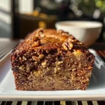 Close-up side view of a slice of Date Walnut Loaf on a wooden table.