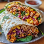 Close-up side view of a juicy Shredded BBQ Tofu Wrap with vibrant ingredients.