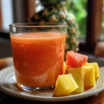 Close-up view of a glass of vibrant pineapple watermelon juice, showcasing its rich red and yellow hues.