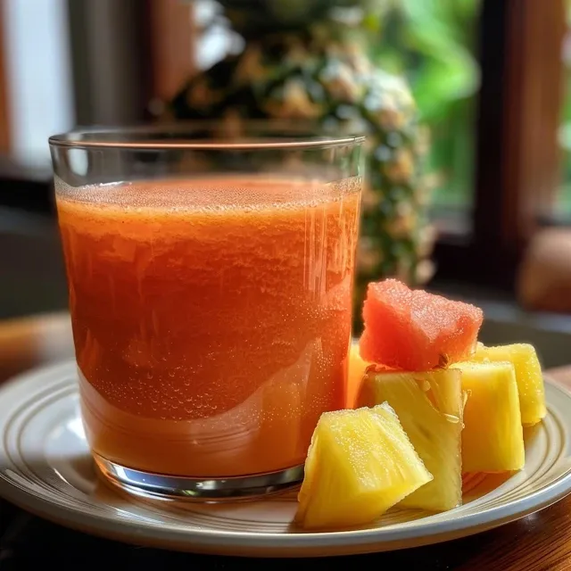 Refreshingly Simple Pineapple Watermelon Juice for Every Occasion Close-up view of a glass of vibrant pineapple watermelon juice, showcasing its rich red and yellow hues.