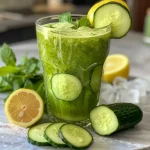 Close-up of a refreshing cucumber ginger drink in a glass, garnished with mint leaves.