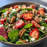 A close-up view of a vibrant spinach and strawberry salad topped with pecans and feta cheese.