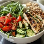 A close-up view of a grilled chicken rice bowl featuring sliced chicken on brown rice with vegetables.
