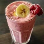 A close-up view of a delicious banana and berry smoothie in a glass.
