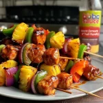 Close-up of BBQ Pineapple Chicken Kabobs on skewers with vibrant colors.