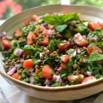 A vibrant Lentil Tabbouleh Salad featuring green lentils, parsley, and colorful vegetables arranged in a bowl.
