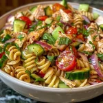 Close-up view of a vibrant bowl of Balsamic Chicken Pasta Salad with colorful vegetables.