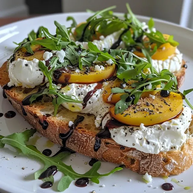 Elevate Your Appetizer Game with Delightful Burrata Toast Side view of a toasted ciabatta topped with creamy burrata cheese, sliced peach, and arugula.