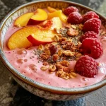A vibrant Raspberry Peach Smoothie Bowl topped with fresh raspberries, diced peaches, and granola.
