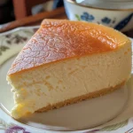 Close-up view of a fluffy Japanese cheesecake with a golden crust.