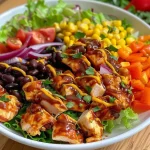 Close-up view of BBQ chicken salad with vibrant vegetables.