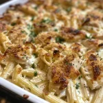 A close-up side view of a Chicken Pasta Bake, showcasing golden cheese on top and colorful ingredients.
