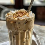 Close-up view of an iced hazelnut latte with frothy oat milk and ice.