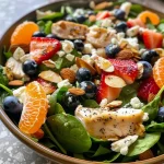 Close-up view of a vibrant chicken spinach salad with colorful fruits and greens.