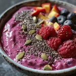 Close-up view of a colorful berry smoothie bowl topped with seeds and fresh berries.