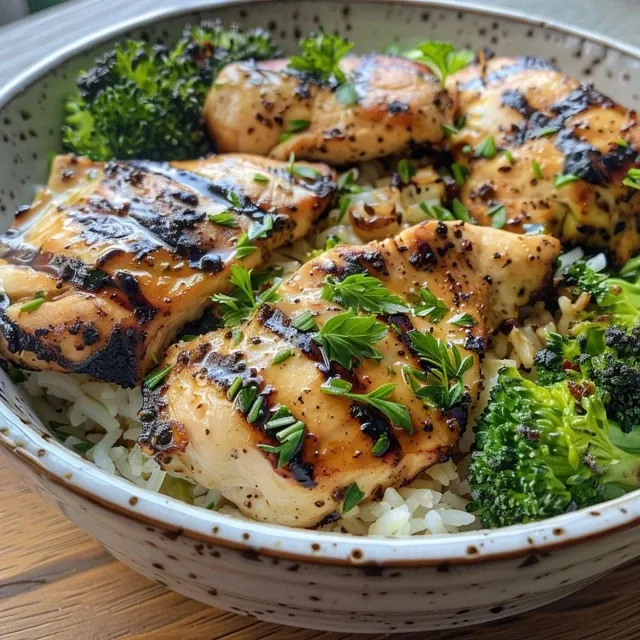 A Flavor-Packed Grilled Chicken Bowl That Comes Together in Minutes Juicy grilled chicken slices on a bed of broccoli and rice in a bowl.