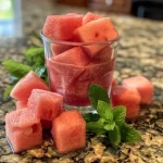Close-up image of a vibrant watermelon smoothie in a glass with mint leaves.