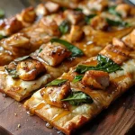 Close-up view of a Hot Honey Chicken Flatbread topped with spinach, chicken, mozzarella, and honey sauce.