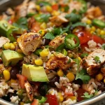 Close-up of a colorful Lemon Rice Salad garnished with cilantro and red pepper.