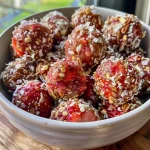 Close-up of frozen strawberry bites coated in shredded coconut and placed on a wooden board.