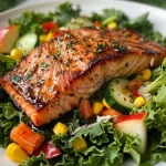 A close-up view of a colorful grilled salmon salad featuring kale, corn, and Parmesan cheese.