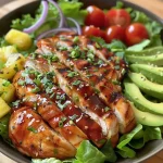 Close-up view of a vibrant Grilled Teriyaki Chicken Salad featuring grilled chicken, lettuce, and colorful toppings.