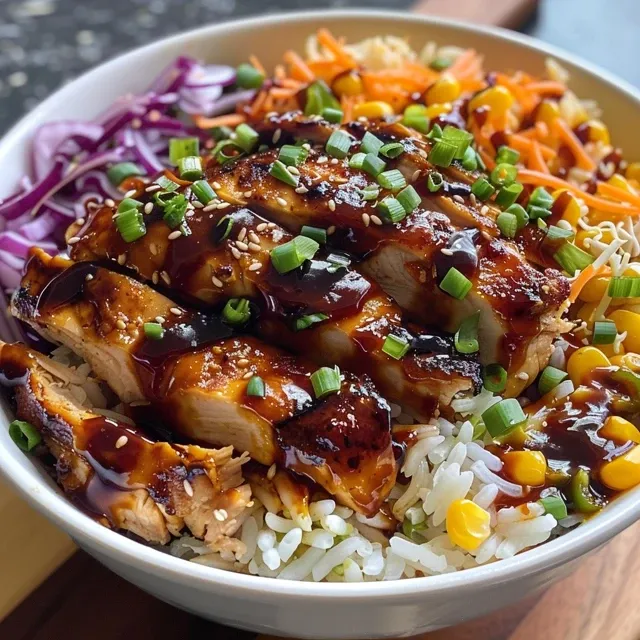 Transform Your Dinner Routine with This Irresistible BBQ Chicken Rice Bowl! A close-up view of a BBQ chicken rice bowl with vibrant colors and toppings.