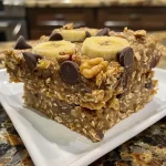 Close-up side view of banana oatmeal bars topped with chocolate chips.