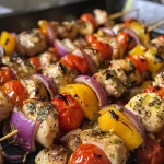 Close-up view of juicy Greek Chicken Souvlaki skewers with colorful vegetables.